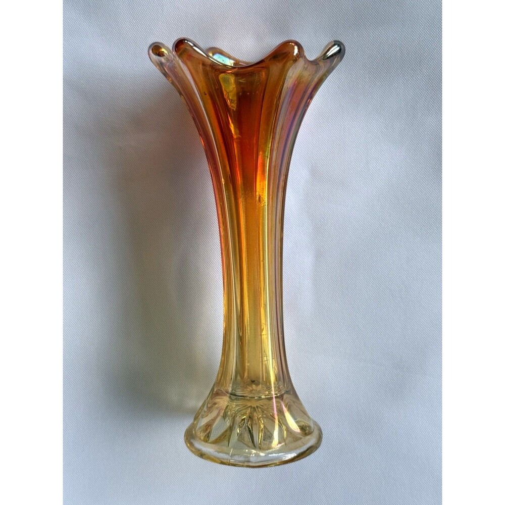 Imperial Glass Vintage Marigold “Morning Glory”Carnival Glass Swung Bud Vase 7”